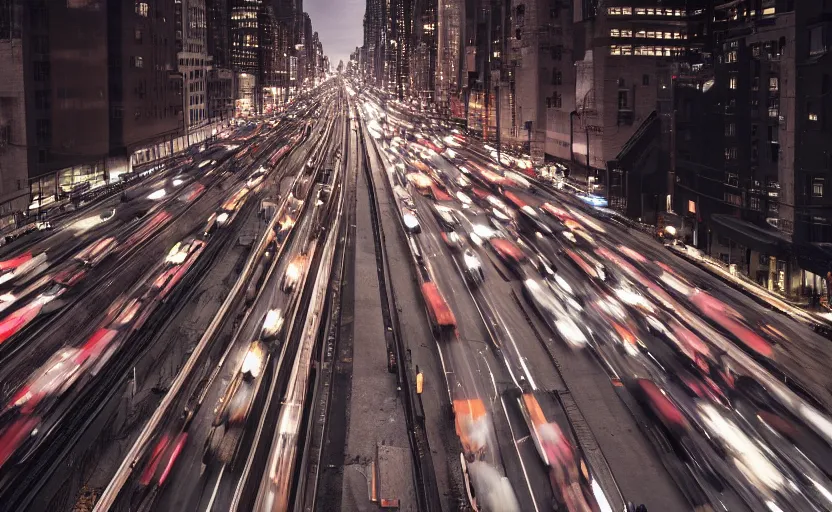 Prompt: busy nyc street , dense traffic , metro train on bridge over street, cinematic lighting, still photo