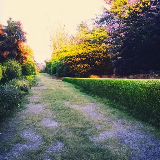 Prompt: Beautiful cameraphone, soft liminal Photograph of a residential road at early morning, lawn, bushes