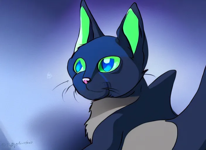 Image similar to a blue - and - black male catbat fursona with blue / green heterochromatic eyes ( differently - colored eyes, one eye green, one eye blue ) and huge bat ears, photo of the catbat streaming on his computer