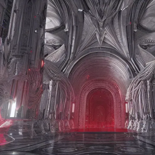 Prompt: alien biotech cathedral made of dark grey marble with light red veining and highly detailed ornaments extruding the complex surface, photorealistic, high quality lenses, cinematic lighting, volumetric lighigh quality environment, next gen rendering, nvidia