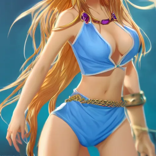 Prompt: a very beautiful young yuuki asuna, full body, long wavy blond hair, sky blue eyes, full round face,, shiny golden bikini, hands in chains, miniskirt, front shot, highly detailed, cinematic wallpaper by stanley artgerm lau