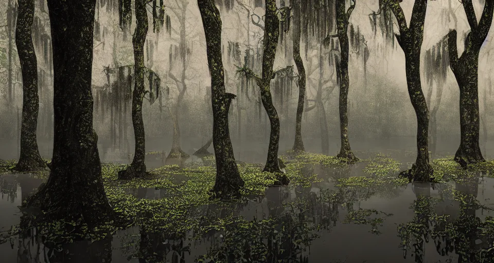 Image similar to A dense and dark enchanted forest with a swamp, with Vray