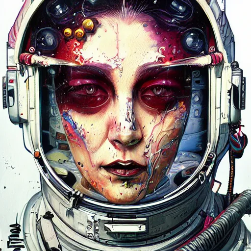 Prompt: high quality high detail painting by josan gonzalez and brian viveros, hd, exaggerated portrait of female astronaut,