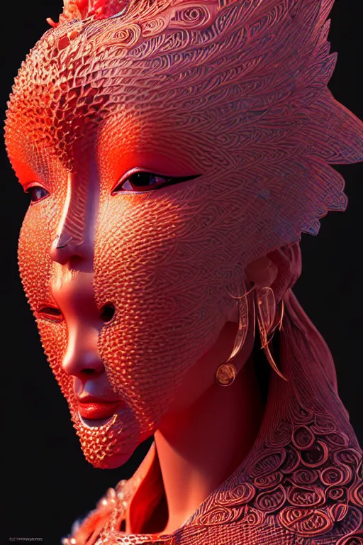 Prompt: 3 d goddess close - up profile portrait. beautiful intricate highly detailed korean gumiho mask and traditional korean hanbok. stingray, magpie, bio luminescent, plasma, lava, ice, water, wind, creature, artwork by tooth wu and wlop and beeple and greg rutkowski, octane 3 d render