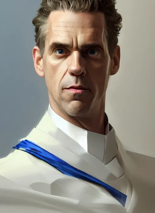 Image similar to portrait of Jordan Peterson in a luxurious royal white and blue style room, sigma male, digital painting, concept art, smooth, sharp focus, illustration, from Metal Gear, by Ruan Jia and Mandy Jurgens and William-Adolphe Bouguereau, Artgerm