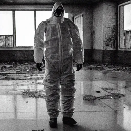 Image similar to news reporter in a hazmat suit 1 9 9 0 s news found footage of an abandoned soviet downtown with a humanoid scp hidden in background, liminal space, backrooms, scp, film grain, rundown, eerie, dark lighting, 3 5 mm, realistic, photograph, hazmat suits, foggy, silent hill style, detailed, hyperrealistic