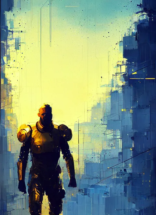 Prompt: jason statham in cyber armor, golden and blue hour, by ismail inceoglu
