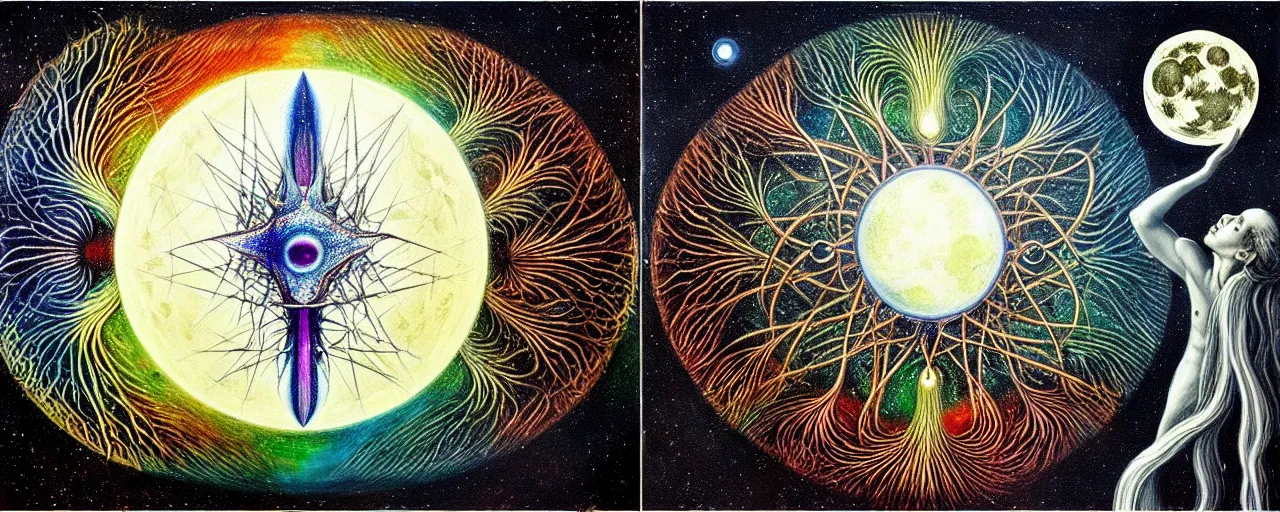 Prompt: a strange beautiful creature from bifrost radiates a unique canto'as above so below'to the moon, while being ignited by the spirit of haeckel and robert fludd, breakthrough is iminent, glory be to the magic within, in honor of saturn, painted by ronny khalil