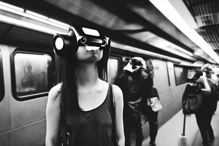 Prompt: girl wearing futuristic augmented reality headset in a subway, richard avedon, tri - x pan, ominous lighting