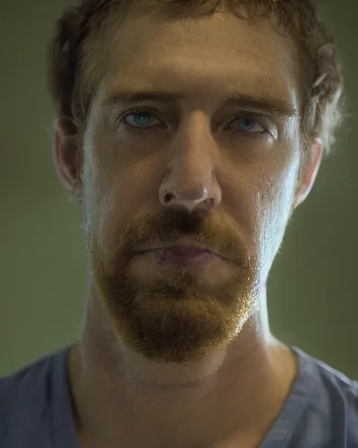 Image similar to closeup prison mugshot of shaggy, dramatic lighting, dirty green clothes, neck shackle, low saturation, somber expression, beardless, smooth face, soft vignette, soft focus, 5 0 mm, 4 k, scooby doo screenshot, photograph by annie leibovitz