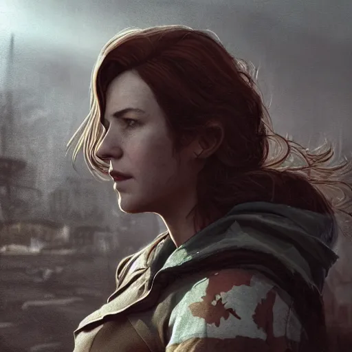 Image similar to fallout 5, charismatic beautiful rugged brunette female protagonist, portrait, outdoors ruined cityscape, atmospheric lighting, painted, intricate, volumetric lighting, beautiful, daytime, sunny weather, slight overcast, sharp focus, deep colours, ultra detailed, by leesha hannigan, ross tran, thierry doizon, kai carpenter, ignacio fernandez rios