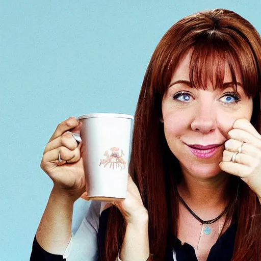 Prompt: lily aldrin ( himym ) drinking coffee in a cup, very detailed face