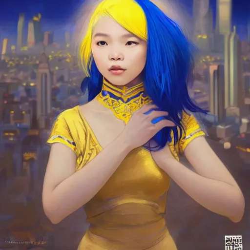 Prompt: filipino girl blue - yellow hair nose tape, intricate, elegant, highly detailed, my rendition, city in the background, digital painting, artstation, concept art, smooth, sharp focus, illustration, art by artgerm and greg rutkowski and alphonse mucha and uang guangjian and gil elvgren and sachin teng, symmetry!!