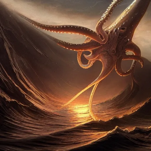 Image similar to epic cinematic shot of a big squid monster with long golden tentacles flying in deep space digital painting, artstation, concept art, soft light, hdri, smooth, sharp focus, illustration, fantasy, intricate, elegant, highly detailed, D&D, matte painting, in the style of Greg Rutkowski and Alphonse Mucha and artemisia, 8k, highly detailed, jurgens, rutkowski, bouguereau, pastoral, rustic, georgic