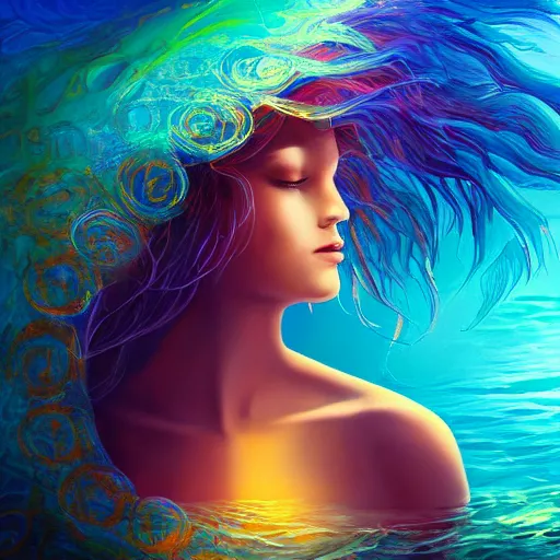 Image similar to hypnotic sea goddess, beautiful composition, wide angle, colorful, cinematic, volumetric lighting, intricate details painting