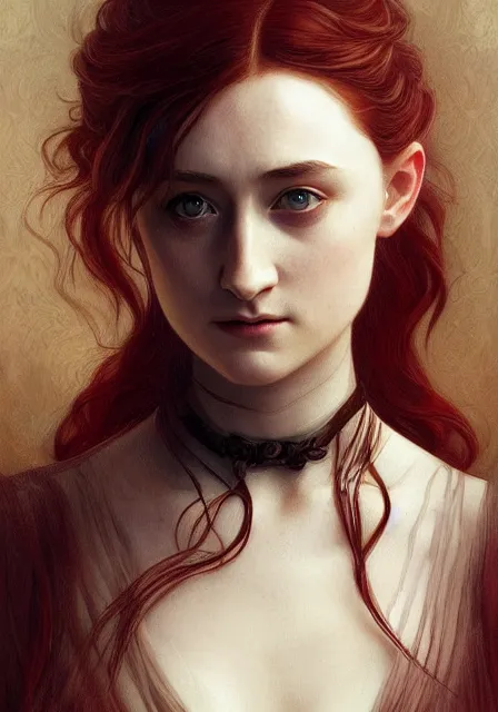 Image similar to sansa saoirse ronan vampire, intricate, elegant, highly detailed, digital painting, artstation, concept art, smooth, sharp focus, illustration, art by artgerm and greg rutkowski and alphonse mucha and william - adolphe bouguereau