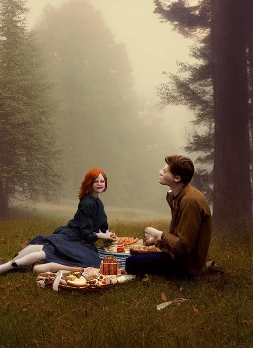 Image similar to portrait bust of emma stone having a picnic with tom holland, solemn expression, faded color film, russian cinema, tarkovsky, kodachrome, old cabin, next to window, heavy forest outside, long brown hair, old clothing, heavy fog, hudson river school, 4 k, dramatic lighting, greg rutkowski