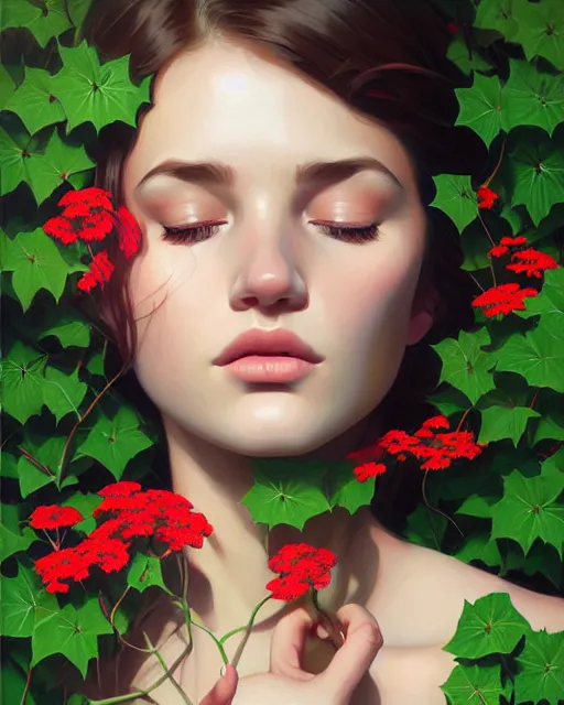 Image similar to stylized portrait of an artistic pose, composition, young lady sleeping sorrounded by nature, ivy's, flowers, one single head, realistic shaded, fine details, realistic shaded lighting poster by ilya kuvshinov, magali villeneuve, artgerm, jeremy lipkin and michael garmash and rob rey