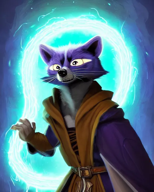 Prompt: closeup, highly detailed digital illustration portrait of hooded priest sorcerer druid necromancer sly cooper rocket the raccoon casting a magical energy sparkling swirling blue glowing spell in an ancient castle, action pose, d & d, magic the gathering, by rhads, frank frazetta, lois van baarle, jean - baptiste monge, disney, pixar,
