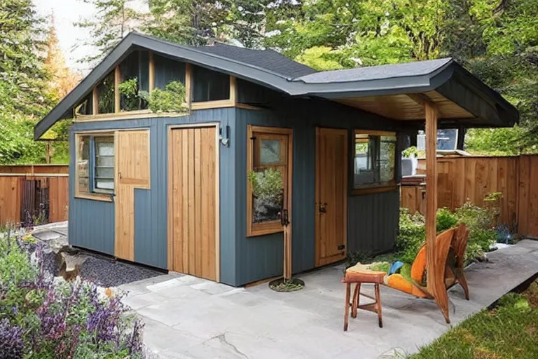 Prompt: modern backyard shed with quaint details in a canadian backyard