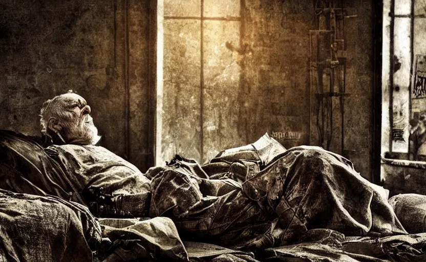 Image similar to ancient old man sleeping inside, mech, ww 3, resting, gritty, apocalyptic, poster