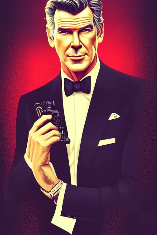 Image similar to Pierce Brosnan as James Bond, art deco background, cinematic bokeh, intricate James Bond background, elegant!, sharp focus, art by Artgerm and beeple and WLOP