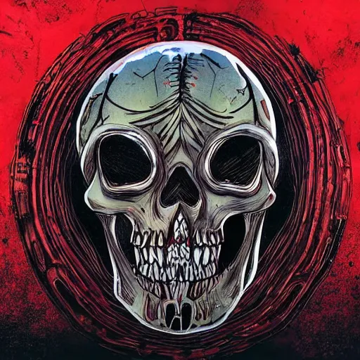 Prompt: alien skull and skeletons in darkness organic android anatomy dark cosmic horror style menacing scary style heavy brushstrokes dramatix album cover red drippy metal material