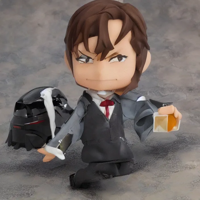 Image similar to a anime nendoroid of elon musk wear giorgio armani suits and black shoe, car tesla 3, figurine, smile, product photo, detailed