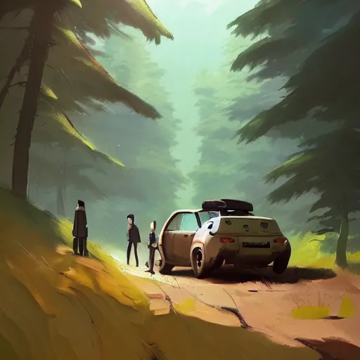 Prompt: goro fujita ilustration hikers parking the car in the forest, characterized by masamune shirow and greg rutkowski, character art, focus, highly detailed, artstation