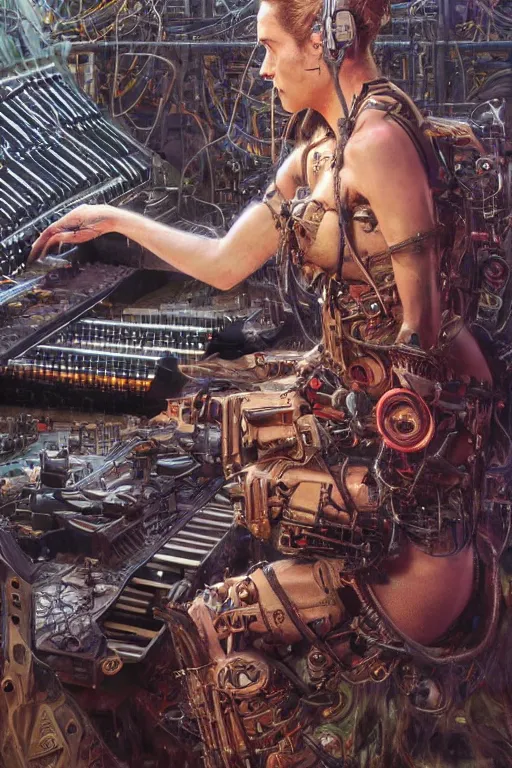 Prompt: a centered photo of a post apocalyptic tribal cyborg playing synthesizers in the most complicated fractal and technical musical studio, powerful, cinematic, beautifully lit, by donato giancola, by artgerm, by karol bak, 3 d, perfect face and body, trending on artstation, octane render, 8 k
