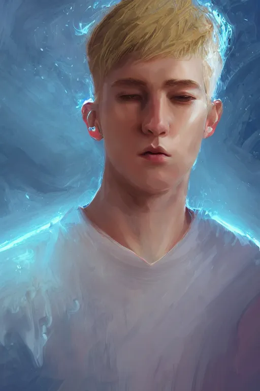 Image similar to young man with short blond hair, looking downwards, magical swirls, magical light, magical atmosphere, depression, painterly, highly detailed, 8 k, digital art trending on artstation, hyper detailed, graphic novel