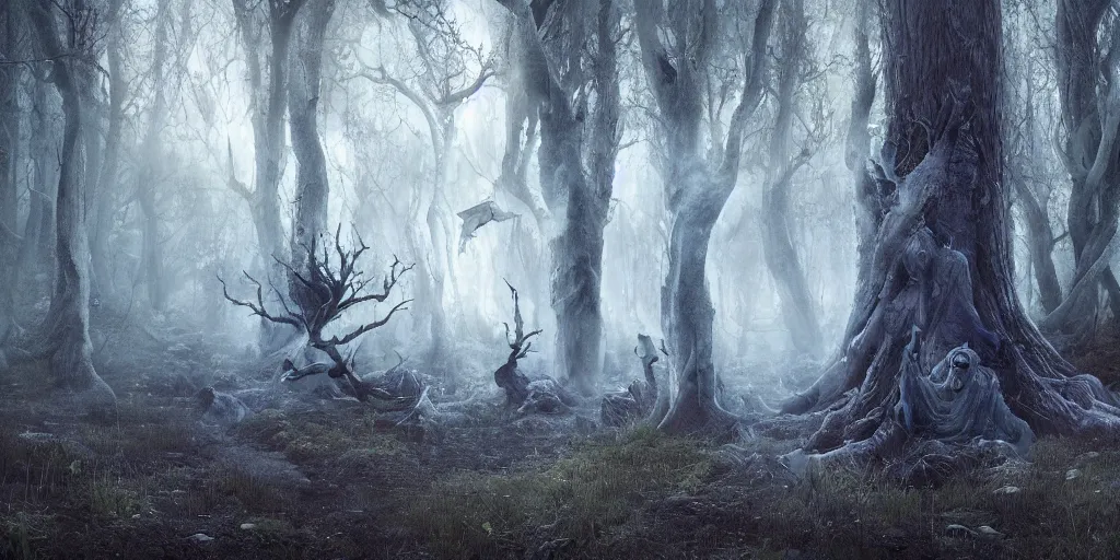 Prompt: ghost's of the forest and wood spirits in the trees with will o the wisp, photorealistic, wlop, 4 k resolution h 7 6 8