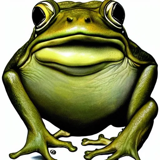 Prompt: A giant oversized fat frog with Alex Jones face, photorealistic painting