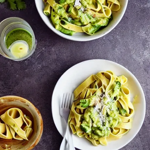 Prompt: a fettuccine pasta with avocado sauce, food photography