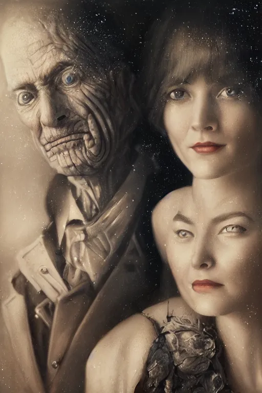 Prompt: a beautiful ultradetailed vintage couples portrait photo of old cyborg standing next to a cyborg sitting on a chair, by tom bagshaw and anna dittman, couples portrait, vignette, 35mm lens, golden ratio composition, detailed faces, studio photography, very detailed, humanoids, artstation, 8k, highly coherent