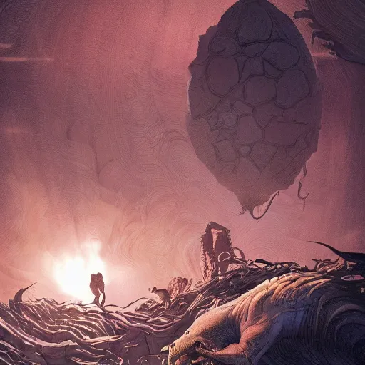 Image similar to epic cracked dinosaur egg, magical, backlighting, dramatic lighting, epic cinematic lighting, epic composition, hyper detailed, highly detailed, hyper realistic, in the style of moebius, james jean, mcbess!!!, cinematic, highly detailed, award winning, 8 k photorealistic