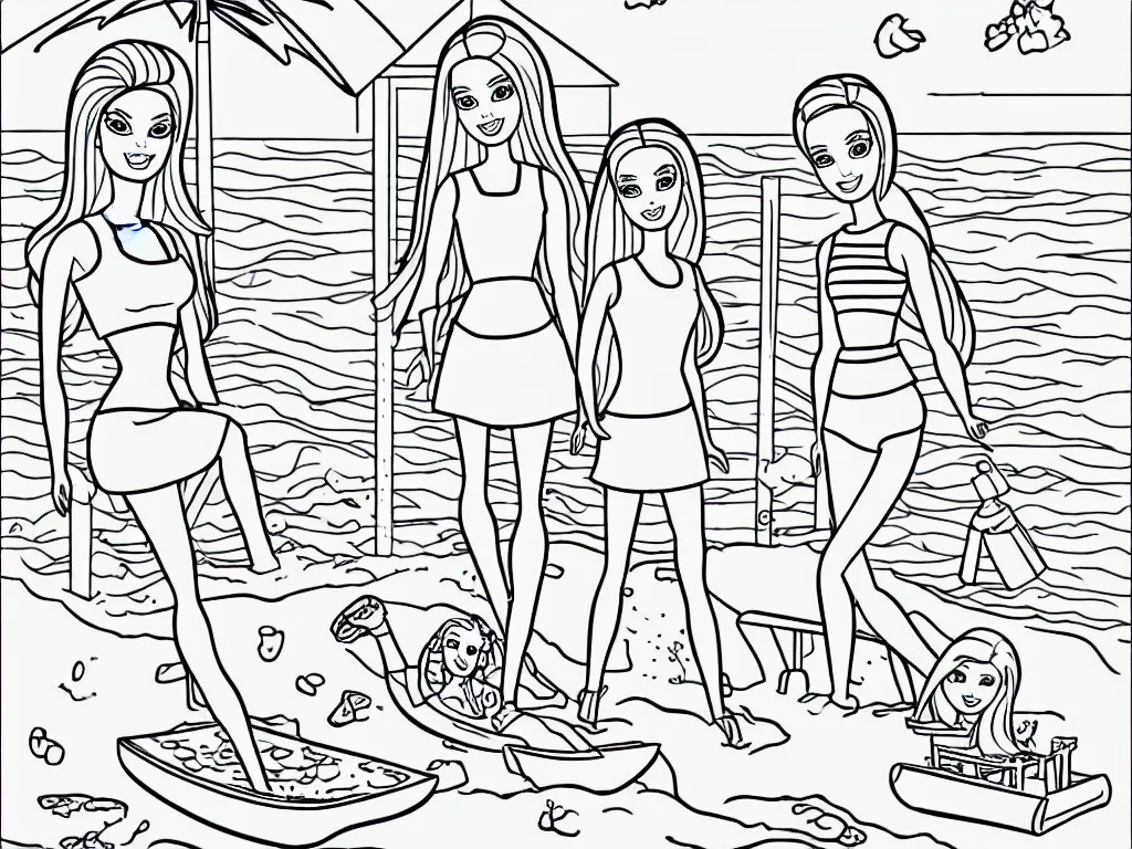 Image similar to coloring book page of Barbie and Skipper playing at the beach