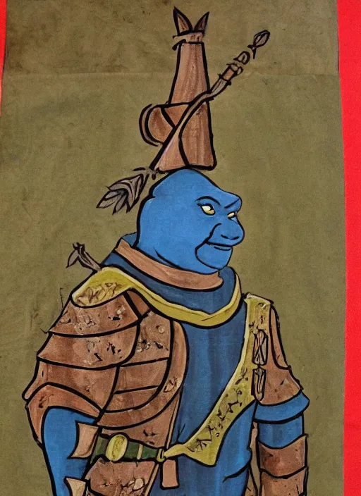 Image similar to medival scroll painting of a Shrek in armour from Shrek the movie, fine detail,