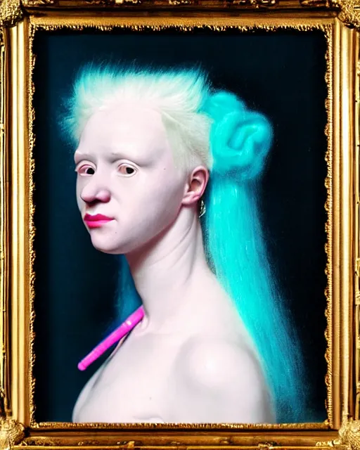 Image similar to photo-realistic portrait of an albino woman with pink hair, wearing a neon blue dress by Vivienne Westwood, intricate details, masterpiece, in the style of Jean Auguste Dominique Ingres, black background