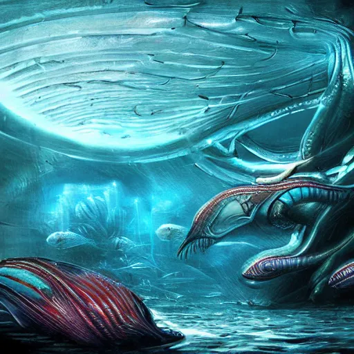 Image similar to alien fish underwater scene cinematic lighting detailed realistic painting photorealistic digital artwork concept art