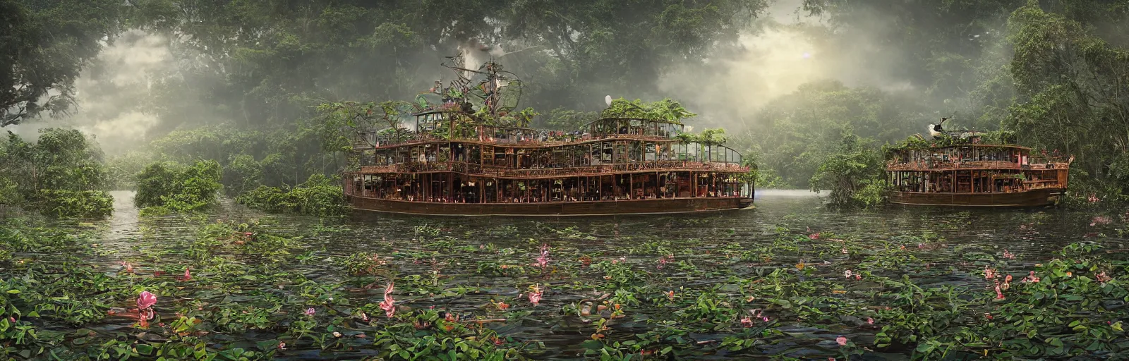 Prompt: A wooden, beautiful 1880's steamboat overgrown with intricate vines, flowers, snakes, anacondas and exotic vegetation floating down on the Amazon river. Faint lights from inside the ship. Steam. Birds circulating. The boat looks like an island. Ecosystem. Sunset. Volumetric lights. Mist.
