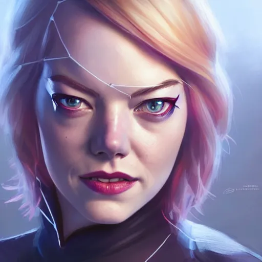 Image similar to beautiful Emma Stone as Spider-Gwen, western, closeup, D&D, fantasy, intricate, elegant, highly detailed, digital painting, artstation, concept art, matte, sharp focus, illustration, art by Artgerm and Greg Rutkowski and Alphonse Mucha