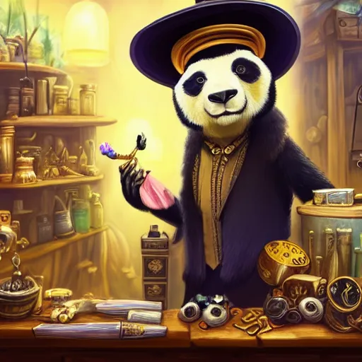 Prompt: Anthropomorphized panda trader in his shop, selling his wares, portrait, items, gold, magic potions, carpet, window, fancy hat, sly expression , cunning expression, cute expression, long thick shiny gold beak, presenting wares, holding a gold bag, D&D, fantasy, cinematic lighting, highly detailed, digital painting, artstation, concept art, smooth, sharp focus, illustration, warm light, cozy warm tint, magic the gathering artwork, volumetric lighting, 8k, art by Akihiko Yoshida, Greg Rutkowski