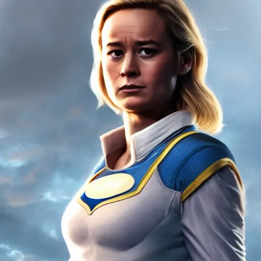 Image similar to Brie Larson as Power Girl, full body with costume, realistic, 4k