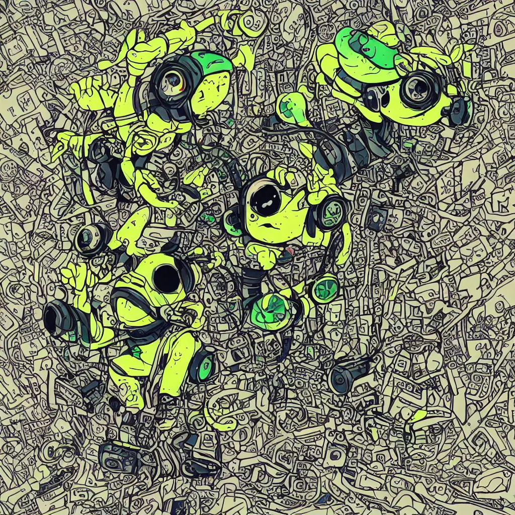Image similar to a toad wearing headphones, ryuta ueda artwork, breakcore, style of jet set radio, y 2 k, gloom, space, cel - shaded art style, sacred geometry, data, code, cybernetic, dark, eerie, cyber