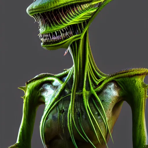 Prompt: skin concept venus flytrap, full length profile portrait, full - length photo with upper and lower body, t - pose, wide angle, alien, biopunk, plant predator, predator, teeth, many details, guyver style, 3 d, cinematic, hyper realism, high detail, octane render, art by hans giger