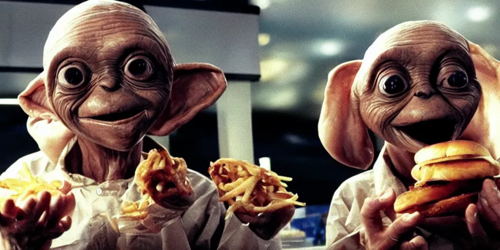 Prompt: e. t sitting in a mc donald ’ s restaurant with an angry expression because he got the wrong hamburger.