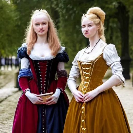 Prompt: two young attractive beautiful scandinavian women wearing an 1 8 th century dress in versailles, cinematic, 8 k hdr, detailed, hyperrealistic