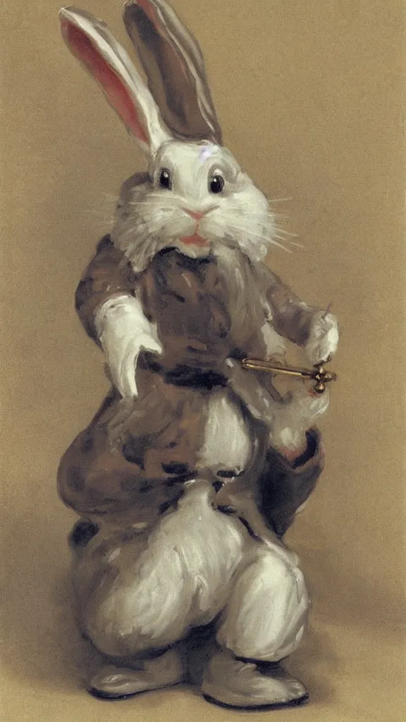 Prompt: a porcelain old rabbit with beard having a japanese kiseru pipe painted by john singer sargent