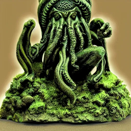 Prompt: cthulhu mossy statue